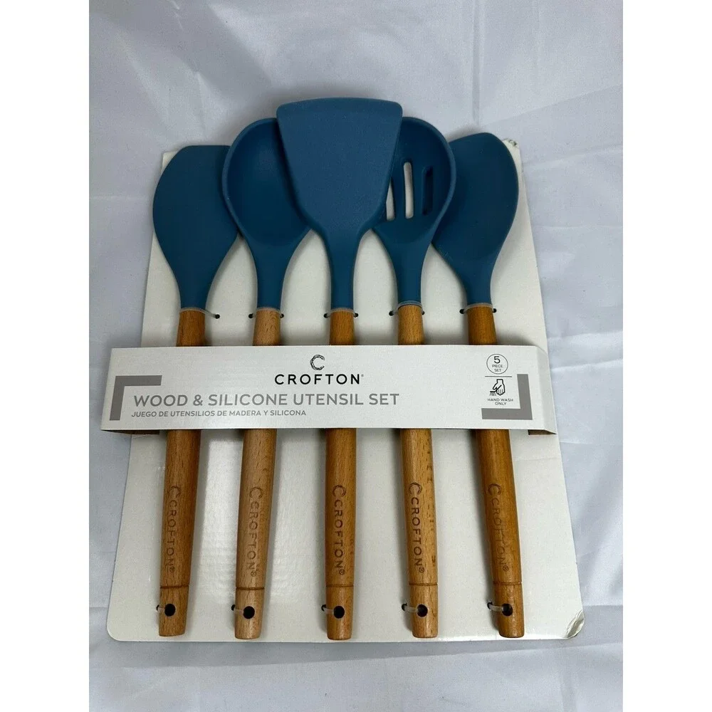 Crofton Wood & Silicone Utensil Set 5-Piece  Spoon, Turner, Spatula